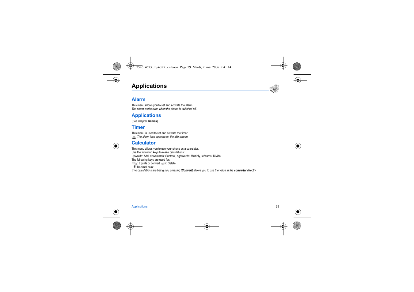 Applications, Alarm, Timer | Calculator | Sagem my405X User Manual | Page 29 / 64