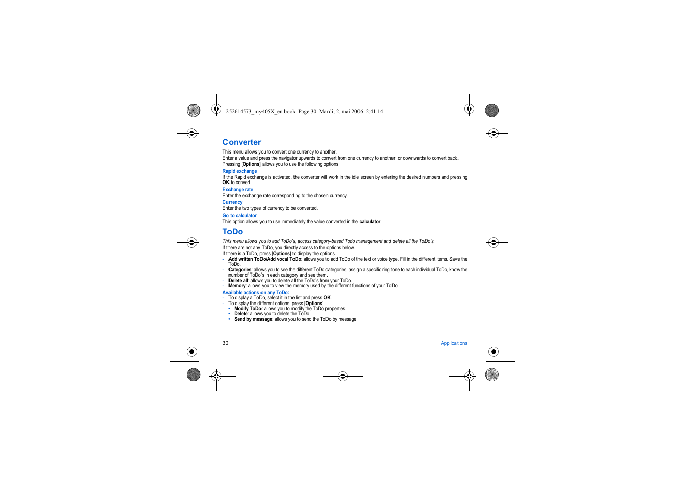 Converter, Todo | Sagem my405X User Manual | Page 30 / 64