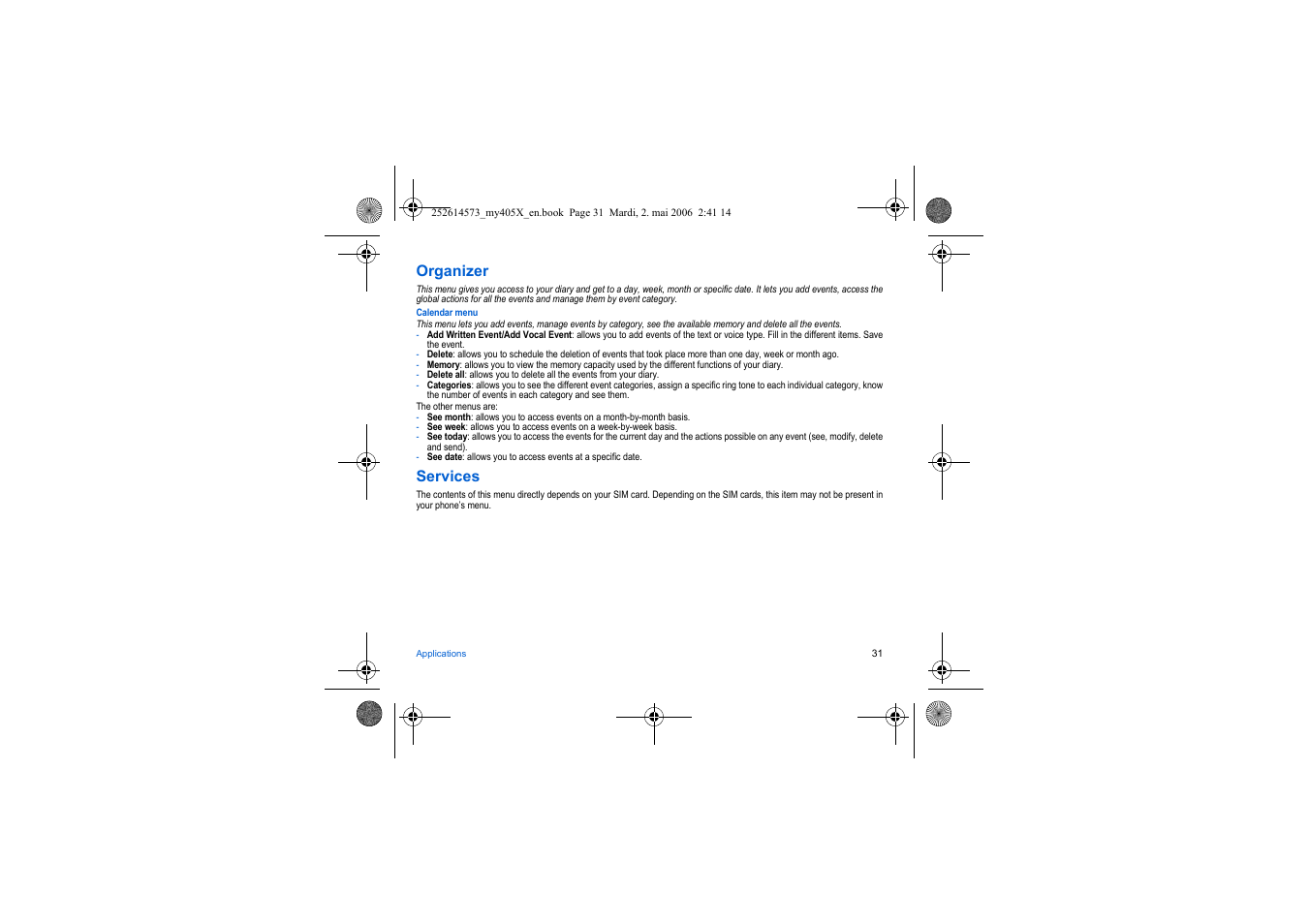 Organizer, Services | Sagem my405X User Manual | Page 31 / 64