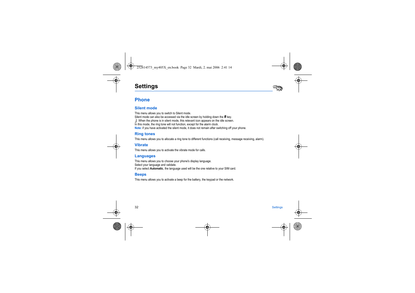 Settings, Phone | Sagem my405X User Manual | Page 32 / 64