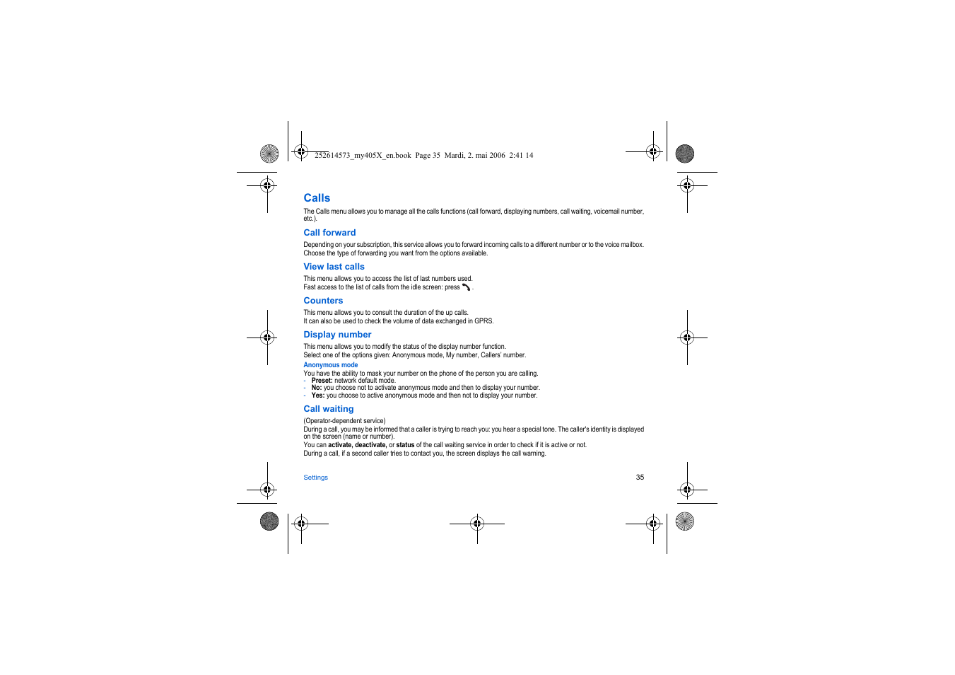 Calls | Sagem my405X User Manual | Page 35 / 64