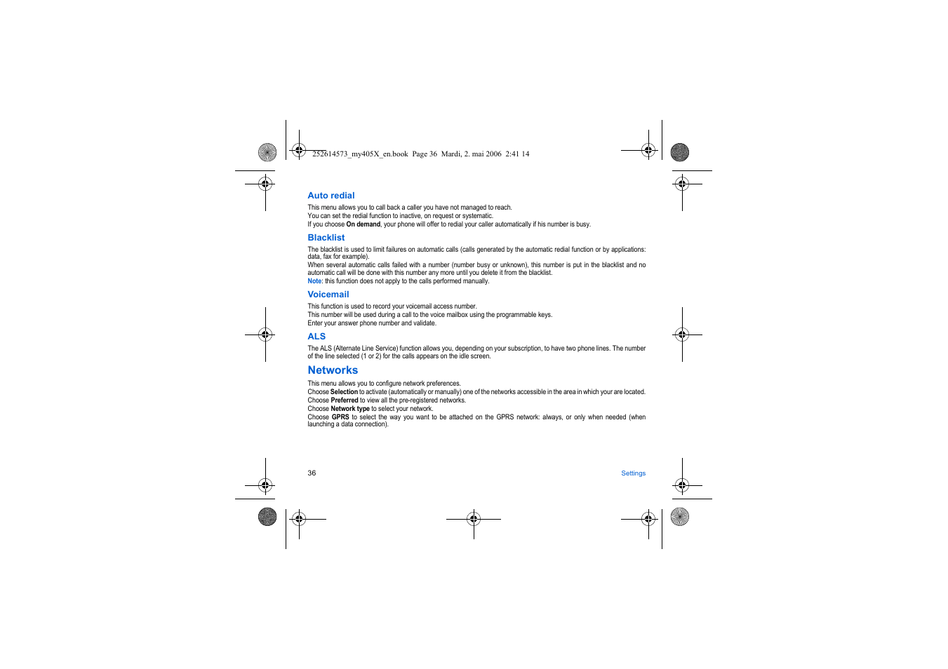 Networks | Sagem my405X User Manual | Page 36 / 64