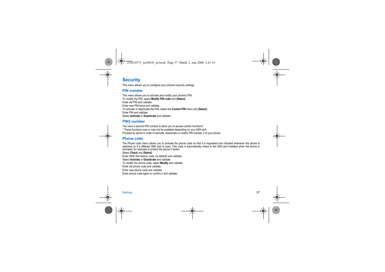 Security, See pin2 number, Security m | Sagem my405X User Manual | Page 37 / 64