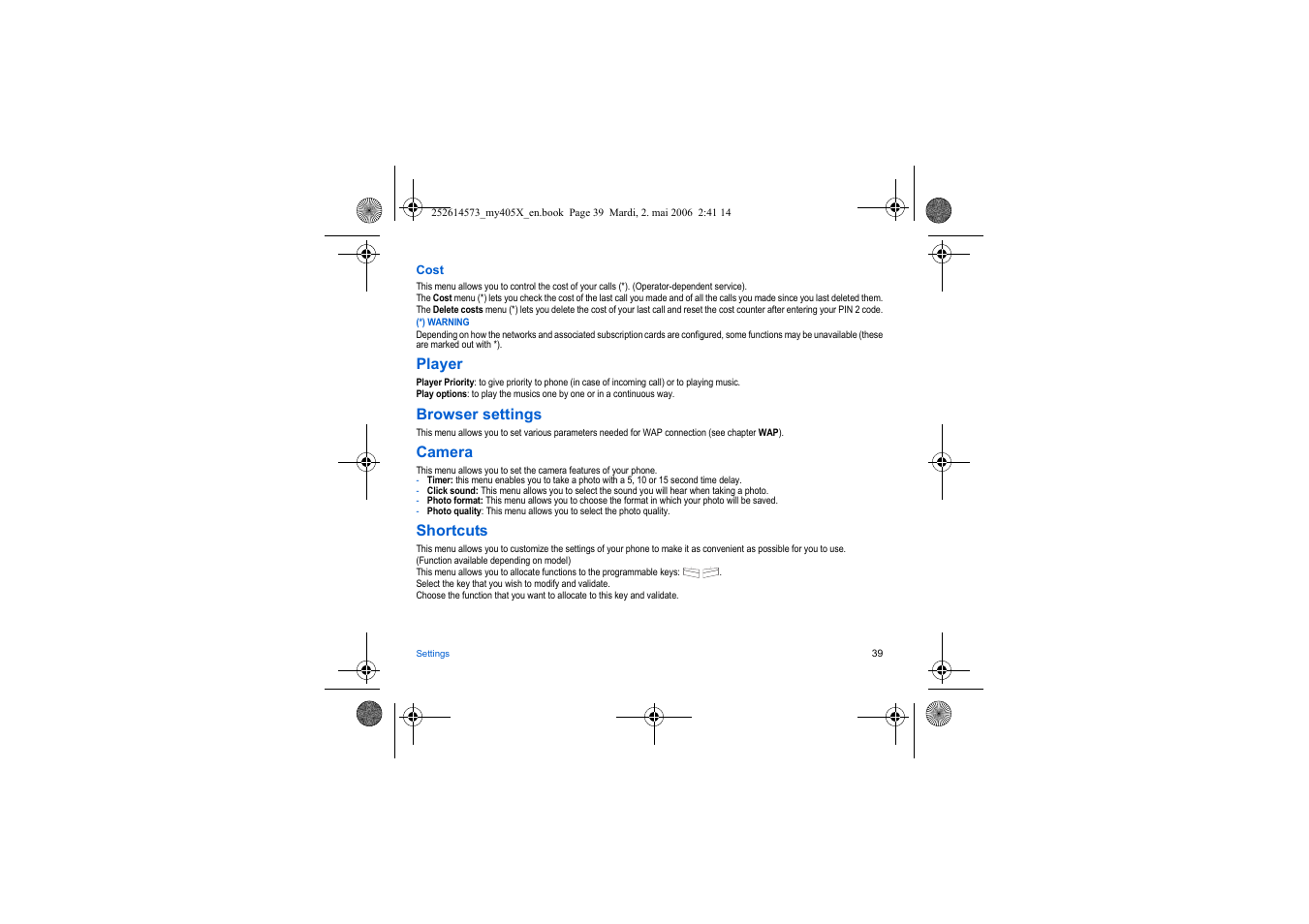 Player, Browser settings, Camera | Shortcuts | Sagem my405X User Manual | Page 39 / 64