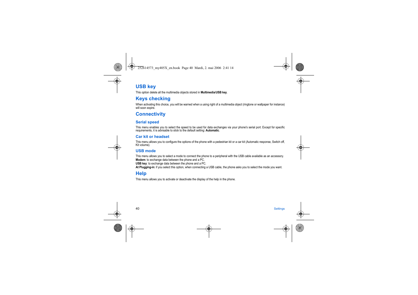 Usb key, Keys checking, Connectivity | Help | Sagem my405X User Manual | Page 40 / 64