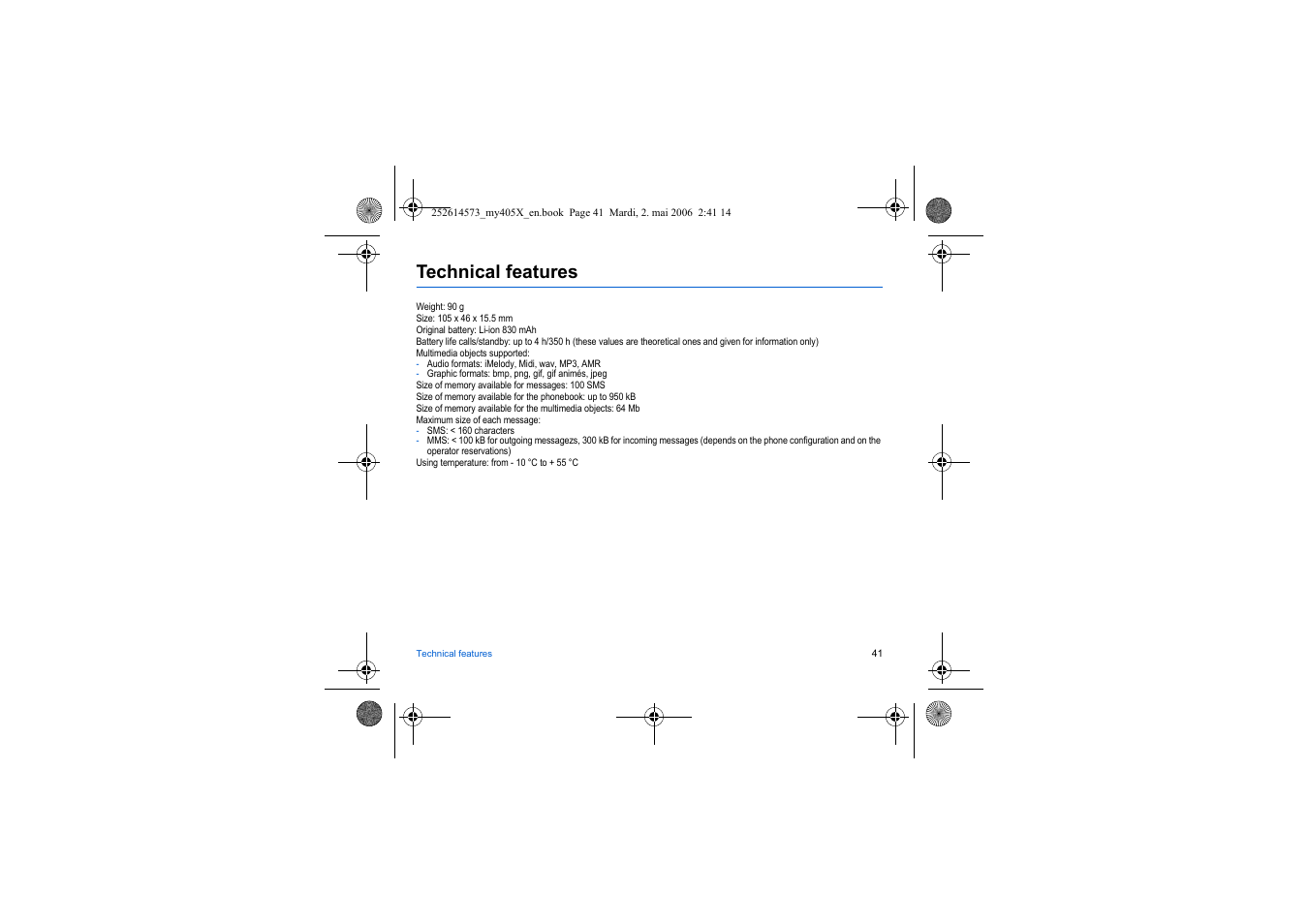 Technical features | Sagem my405X User Manual | Page 41 / 64