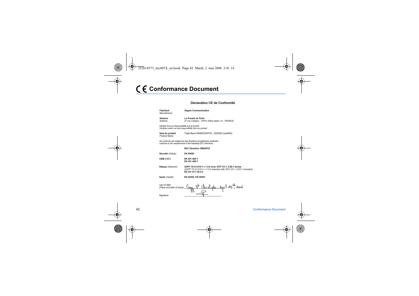 Conformance document | Sagem my405X User Manual | Page 42 / 64