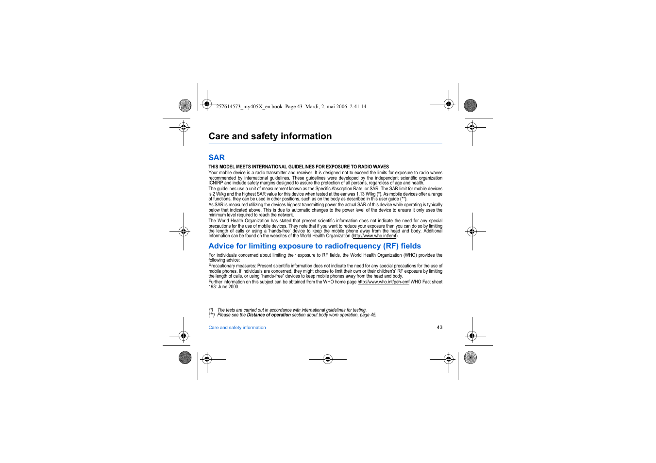 Care and safety information, Advice for limiting exposure to radiofrequency, Rf) fields | Sagem my405X User Manual | Page 43 / 64