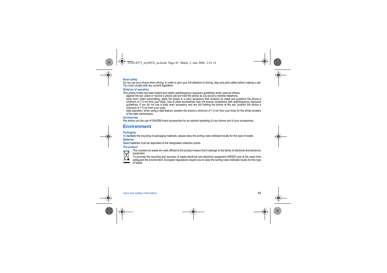 Environment | Sagem my405X User Manual | Page 45 / 64