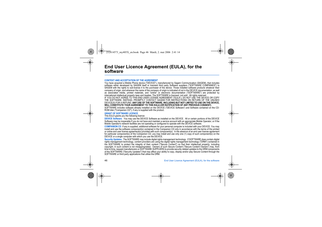 End user licence agreement (eula), for, The software | Sagem my405X User Manual | Page 46 / 64