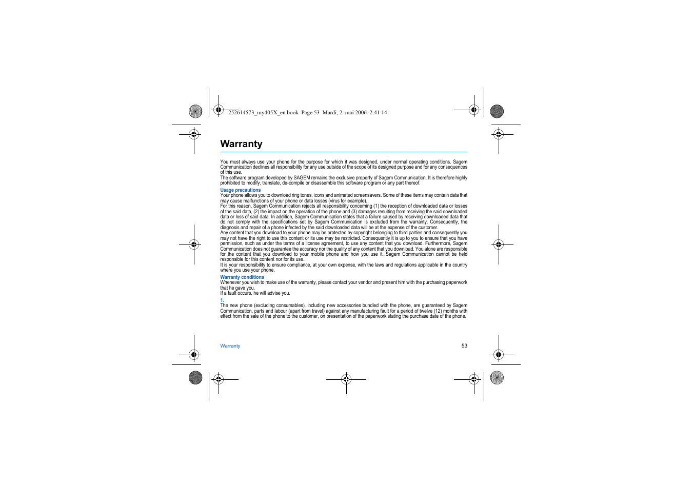 Warranty | Sagem my405X User Manual | Page 53 / 64