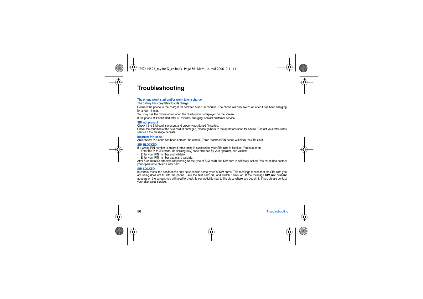 Troubleshooting | Sagem my405X User Manual | Page 56 / 64