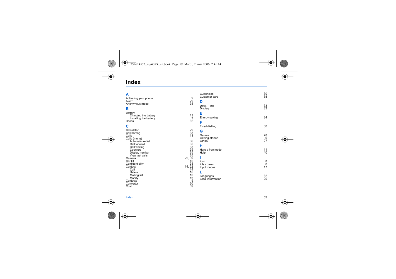 Index | Sagem my405X User Manual | Page 59 / 64