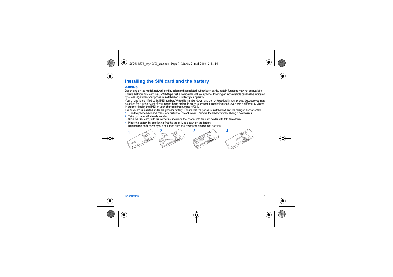 Installing the sim card and the battery | Sagem my405X User Manual | Page 7 / 64