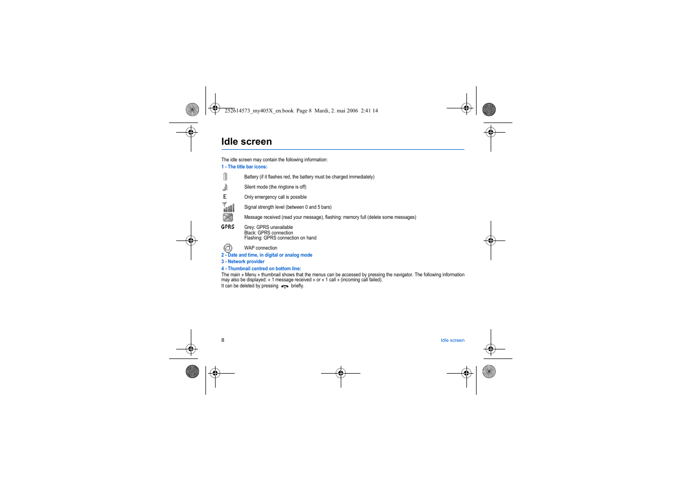 Idle screen | Sagem my405X User Manual | Page 8 / 64