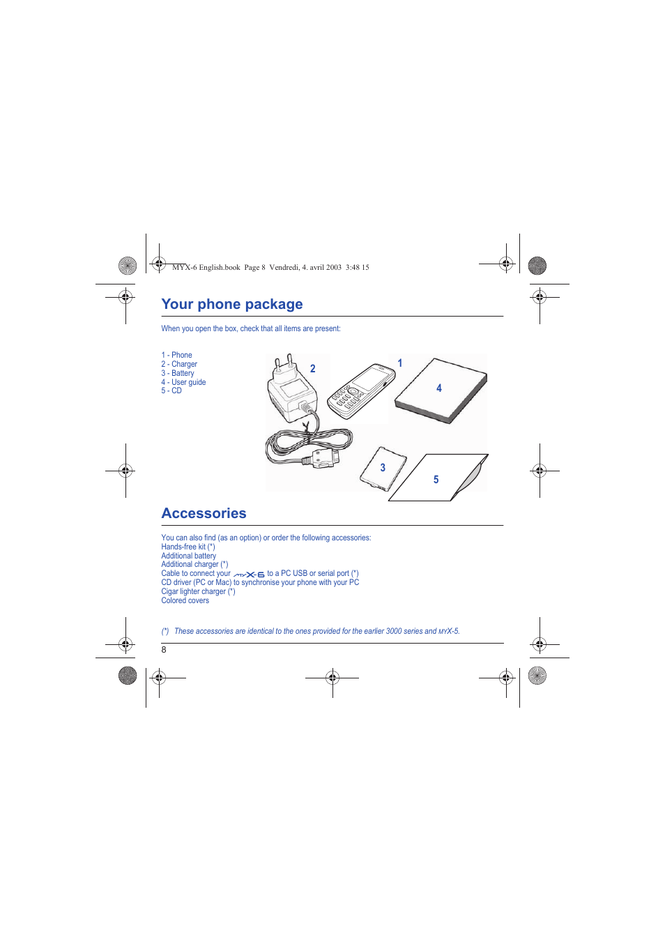 Your phone package, Accessories | Sagem myX-6 User Manual | Page 11 / 89