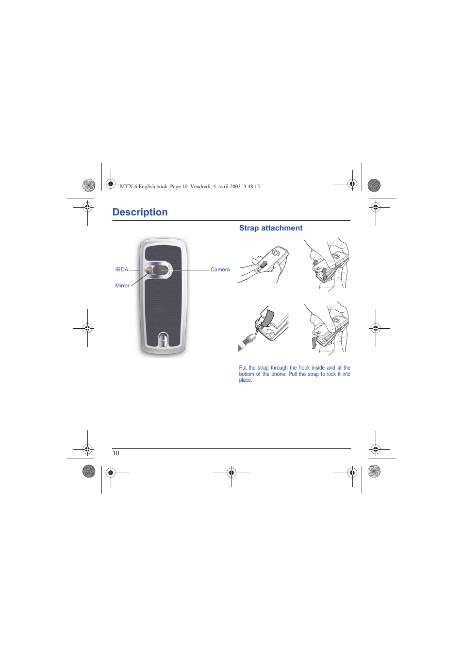 Strap attachment, Description | Sagem myX-6 User Manual | Page 13 / 89