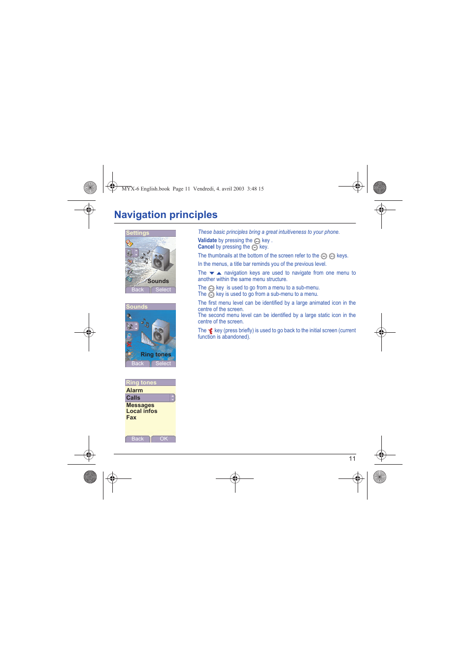 Navigation principles, Navigat | Sagem myX-6 User Manual | Page 14 / 89