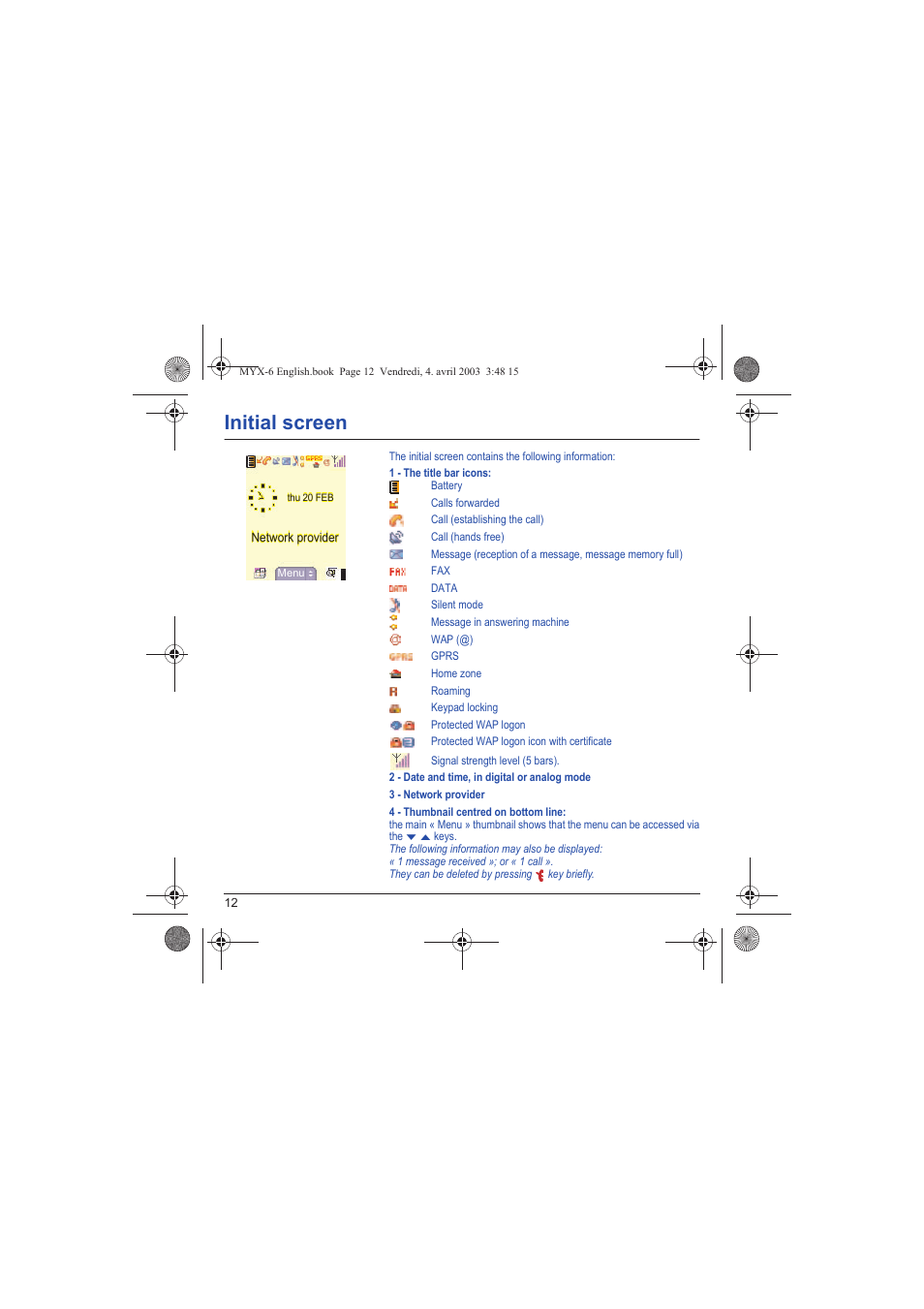 Initial screen, Network provider | Sagem myX-6 User Manual | Page 15 / 89