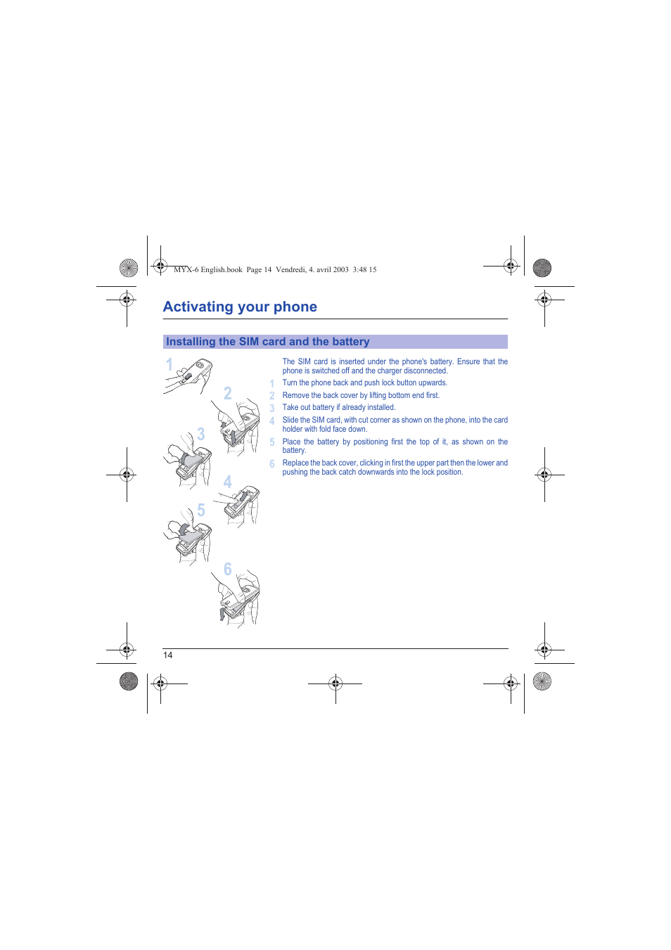 Installing the sim card and the battery | Sagem myX-6 User Manual | Page 17 / 89