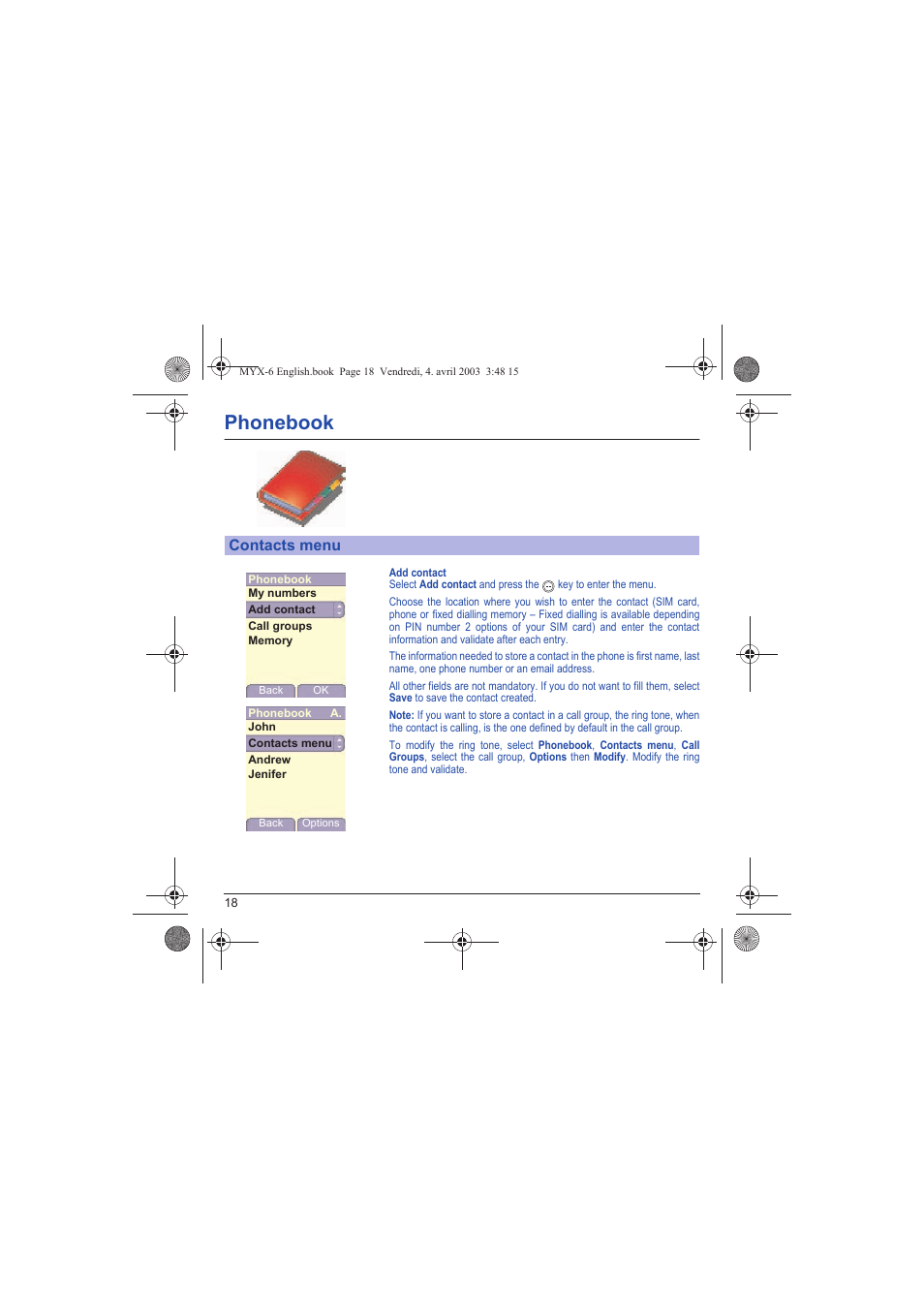 Contacts menu, Phonebook | Sagem myX-6 User Manual | Page 21 / 89