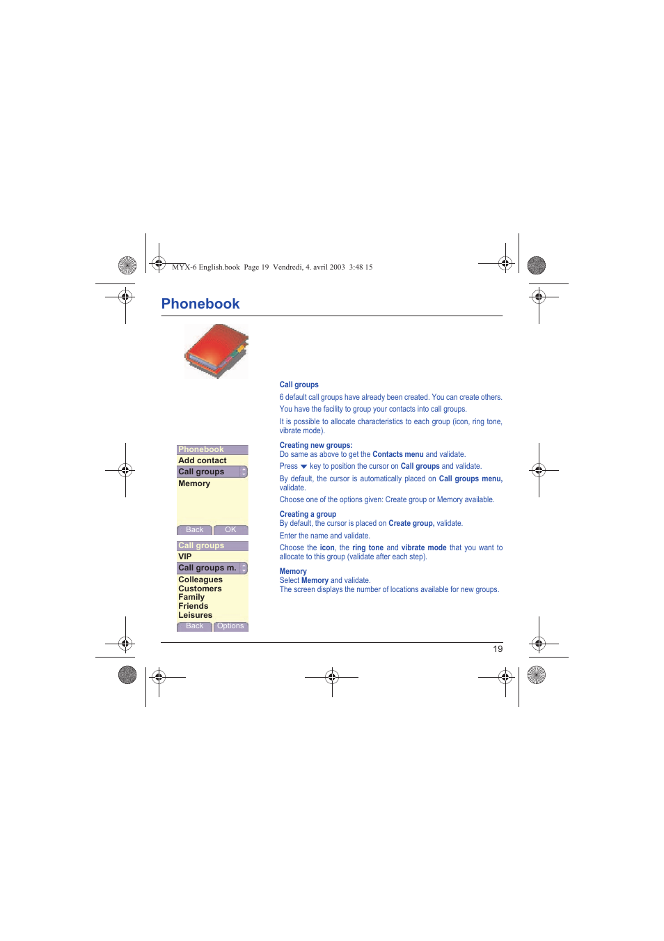 Phonebook | Sagem myX-6 User Manual | Page 22 / 89