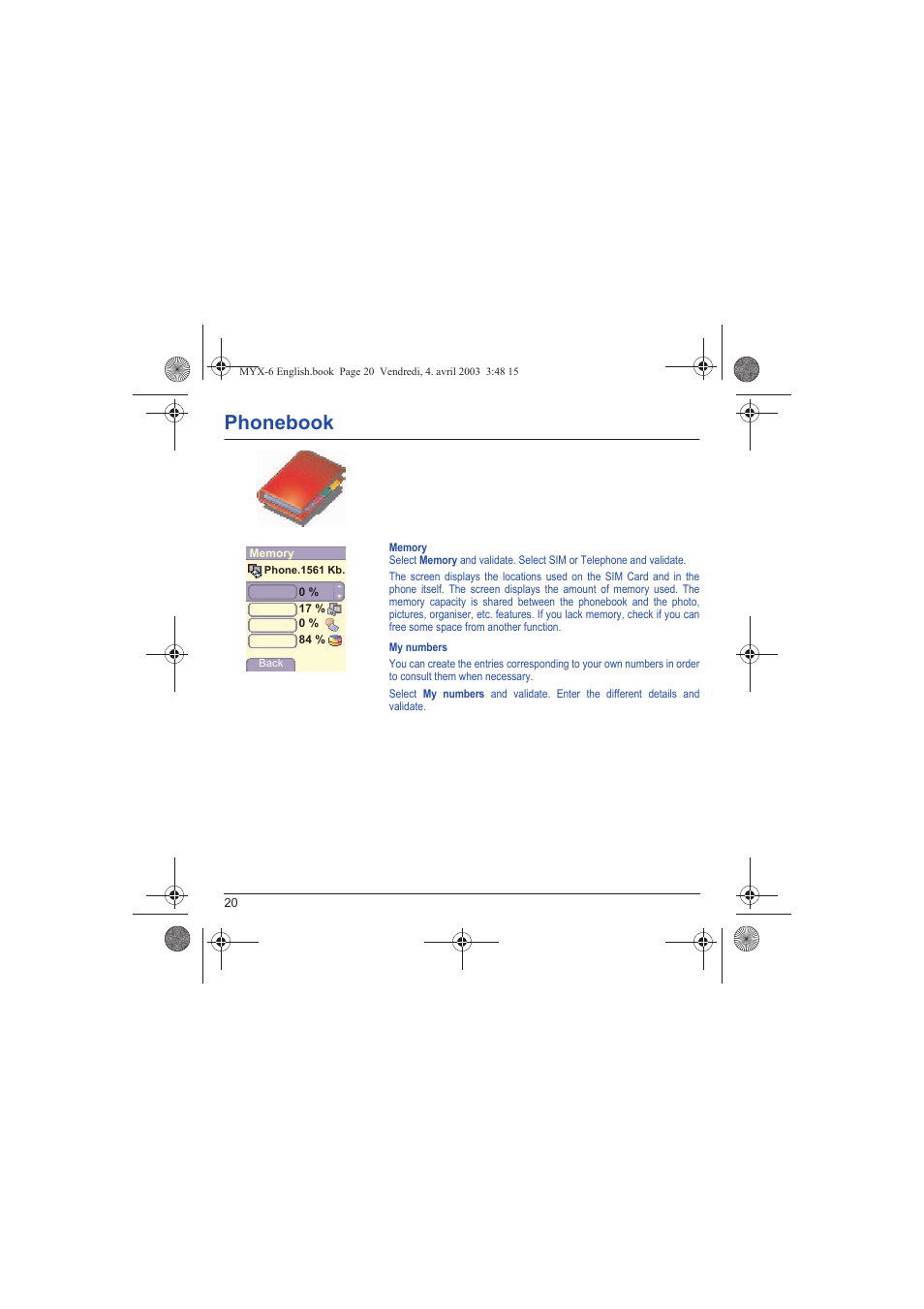 Phonebook | Sagem myX-6 User Manual | Page 23 / 89