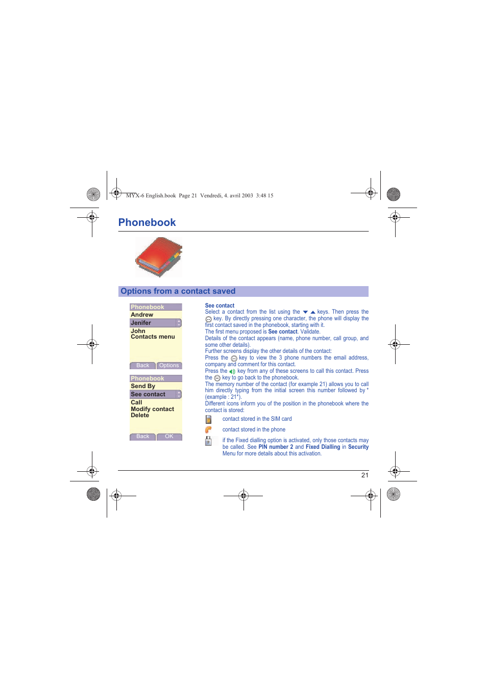 Options from a contact saved, Phonebook | Sagem myX-6 User Manual | Page 24 / 89