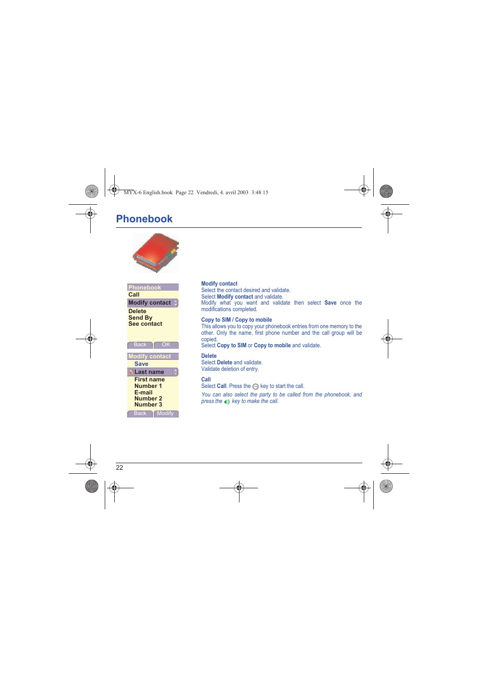 Phonebook | Sagem myX-6 User Manual | Page 25 / 89