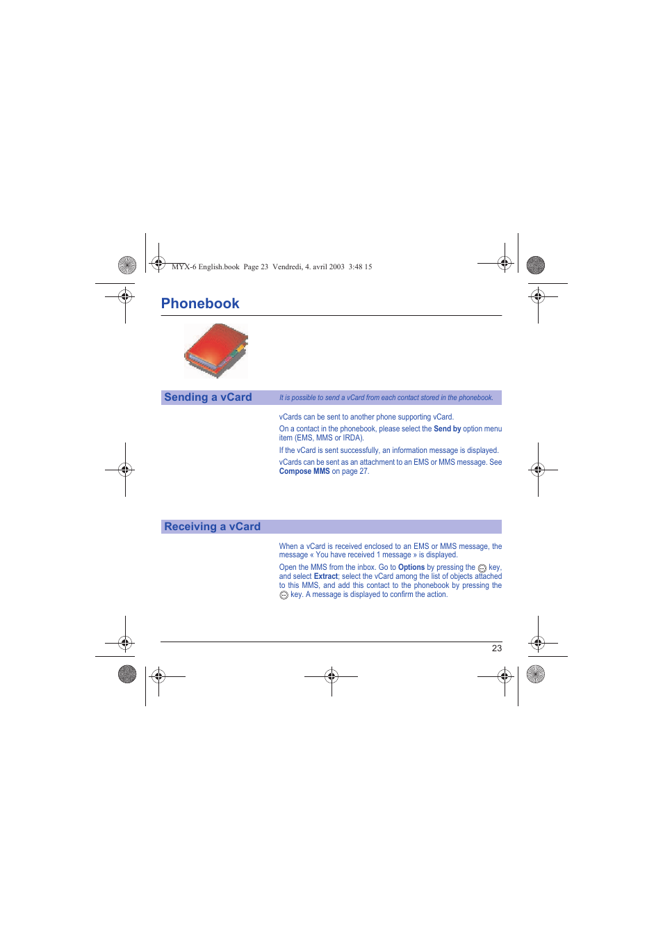 Sending a vcard receiving a vcard, Phonebook | Sagem myX-6 User Manual | Page 26 / 89