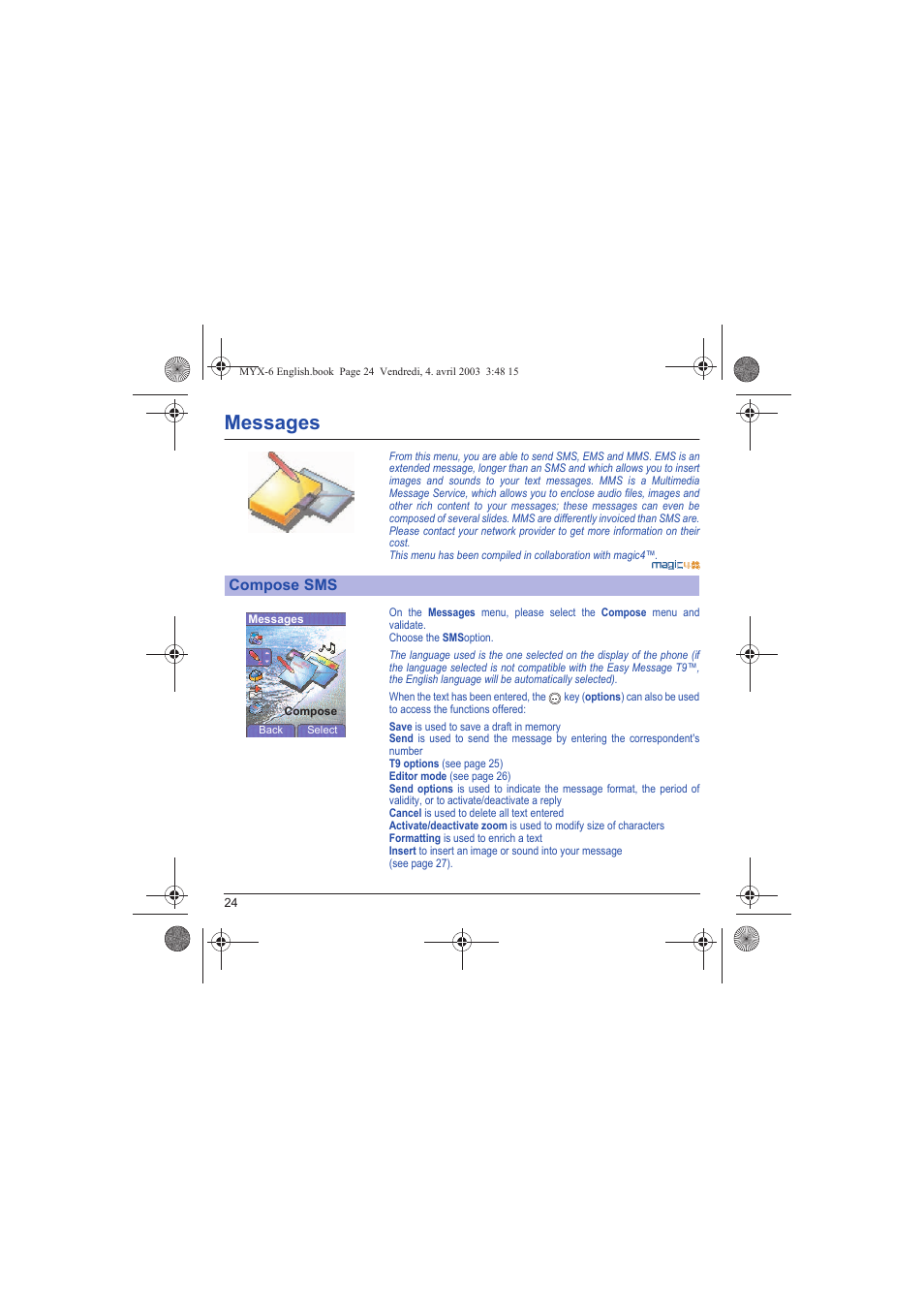 Messages, Mess, Compose sms | Sagem myX-6 User Manual | Page 27 / 89