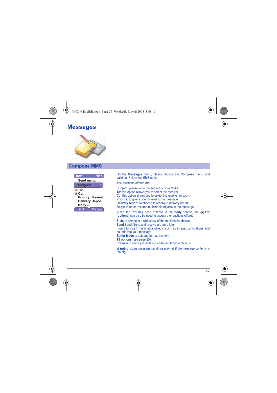 Compose mms, Messages | Sagem myX-6 User Manual | Page 30 / 89