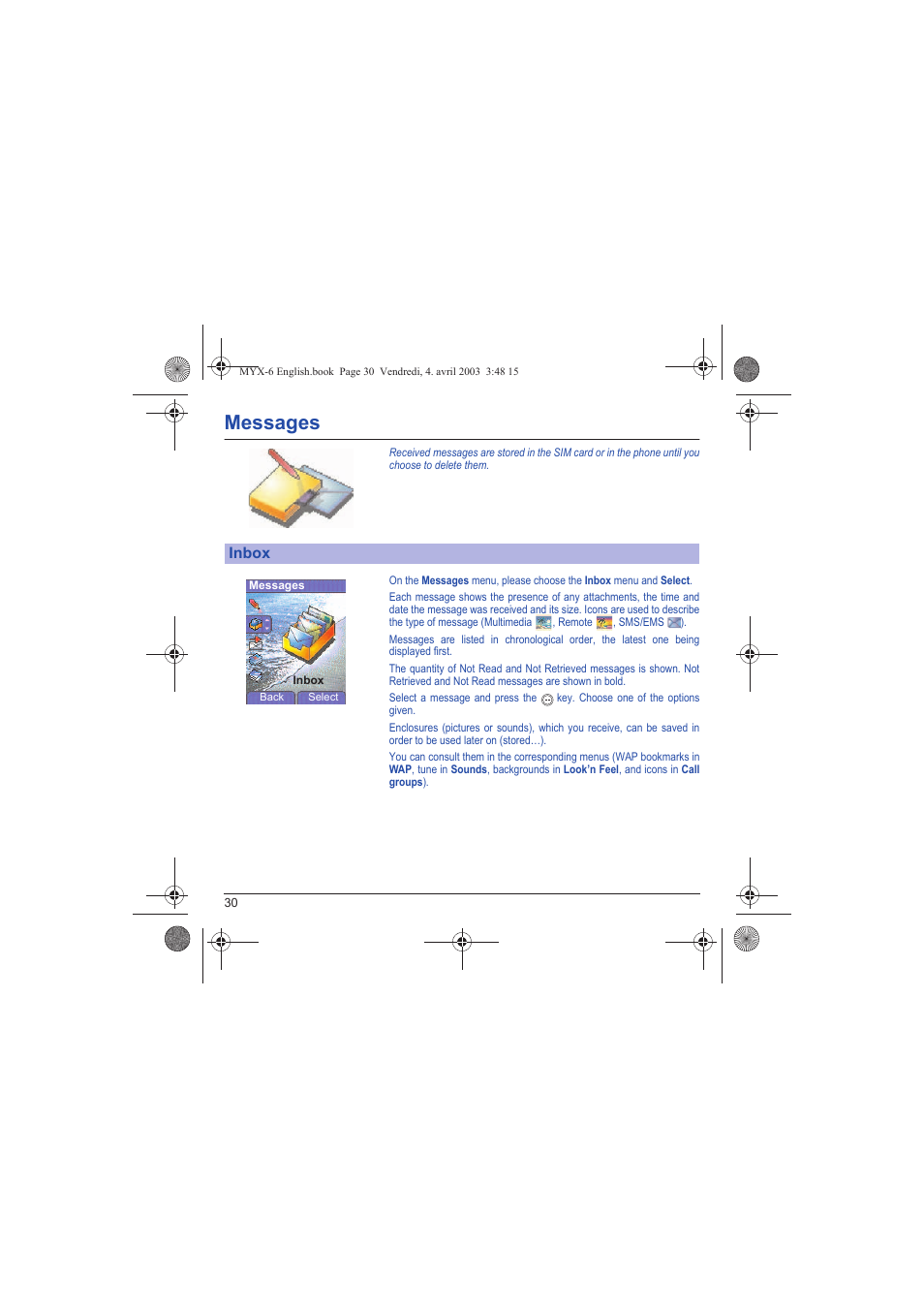 Inbox, Messages | Sagem myX-6 User Manual | Page 33 / 89