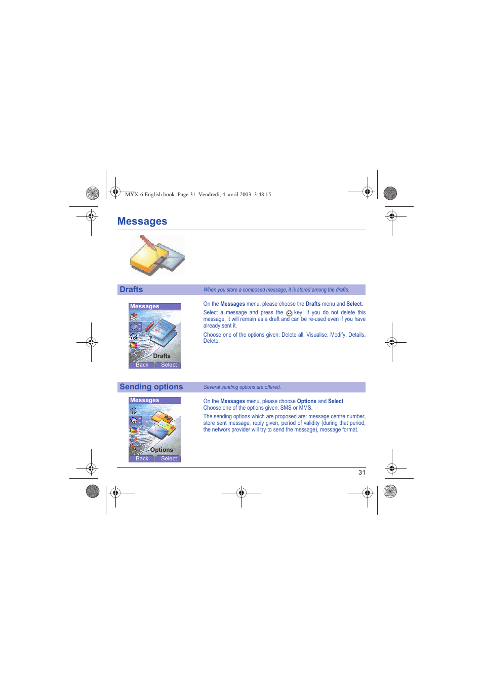 Drafts sending options, Messages | Sagem myX-6 User Manual | Page 34 / 89