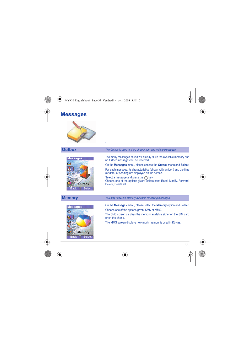 Outbox memory, Messages | Sagem myX-6 User Manual | Page 36 / 89