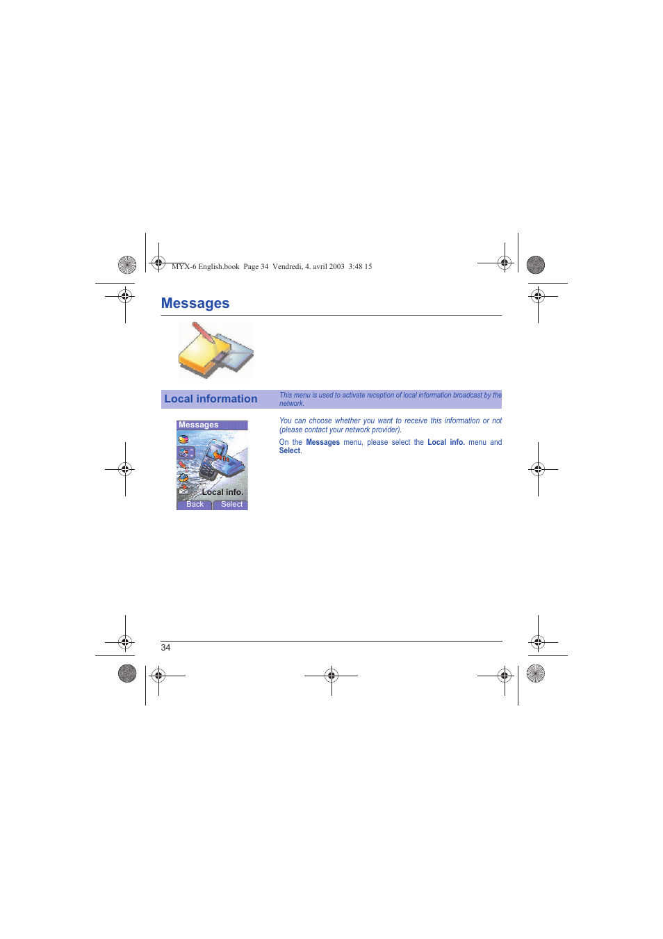 Local information, Messages | Sagem myX-6 User Manual | Page 37 / 89