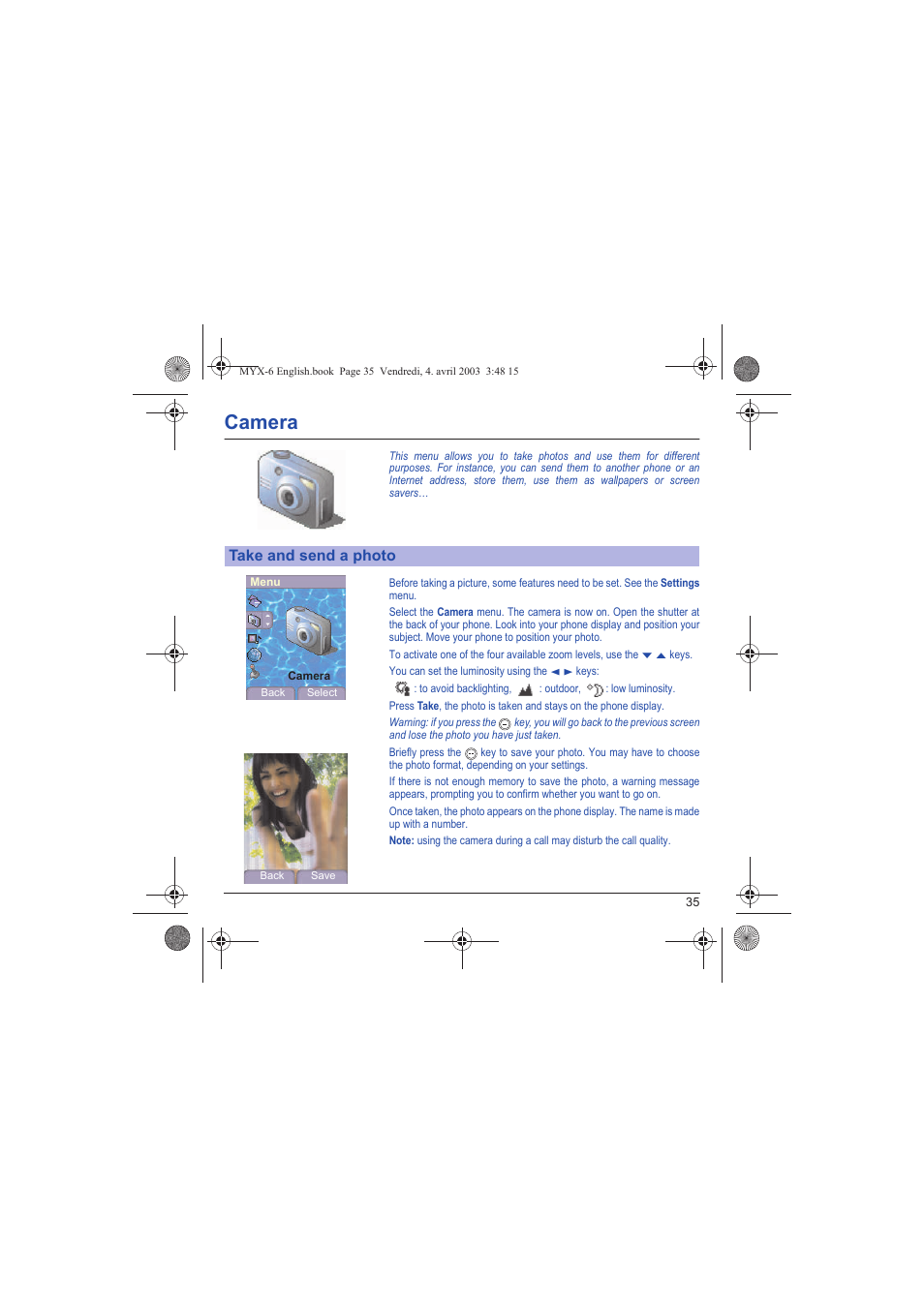 Camera, Camera take and send a photo | Sagem myX-6 User Manual | Page 38 / 89