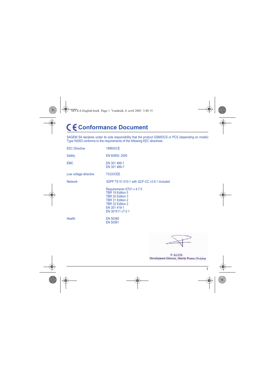 Conformance document | Sagem myX-6 User Manual | Page 4 / 89