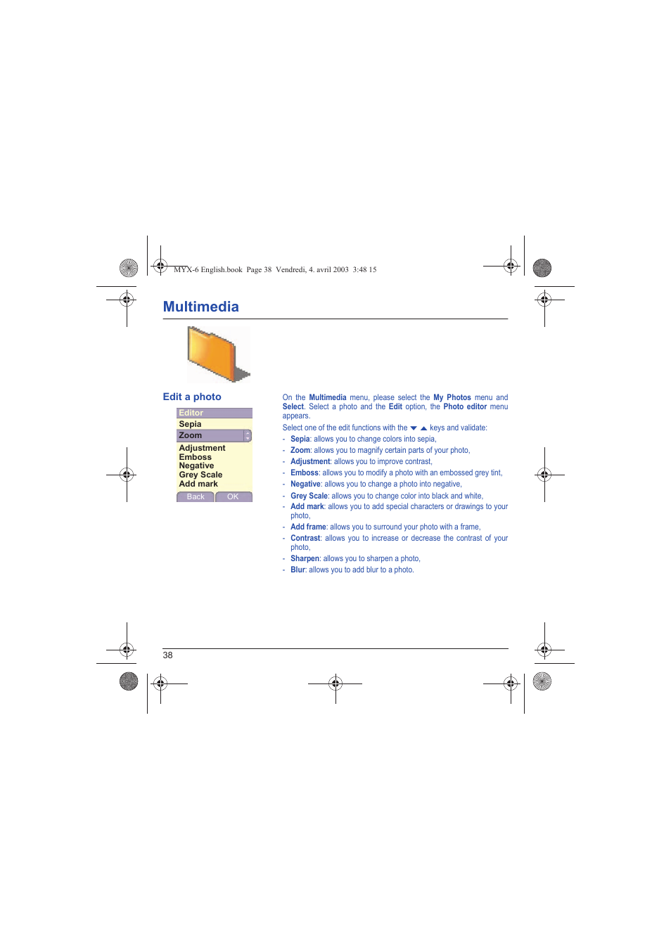 Edit a photo, Multimedia | Sagem myX-6 User Manual | Page 41 / 89