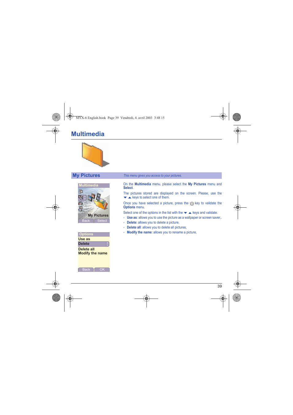 My pictures, Multimedia | Sagem myX-6 User Manual | Page 42 / 89