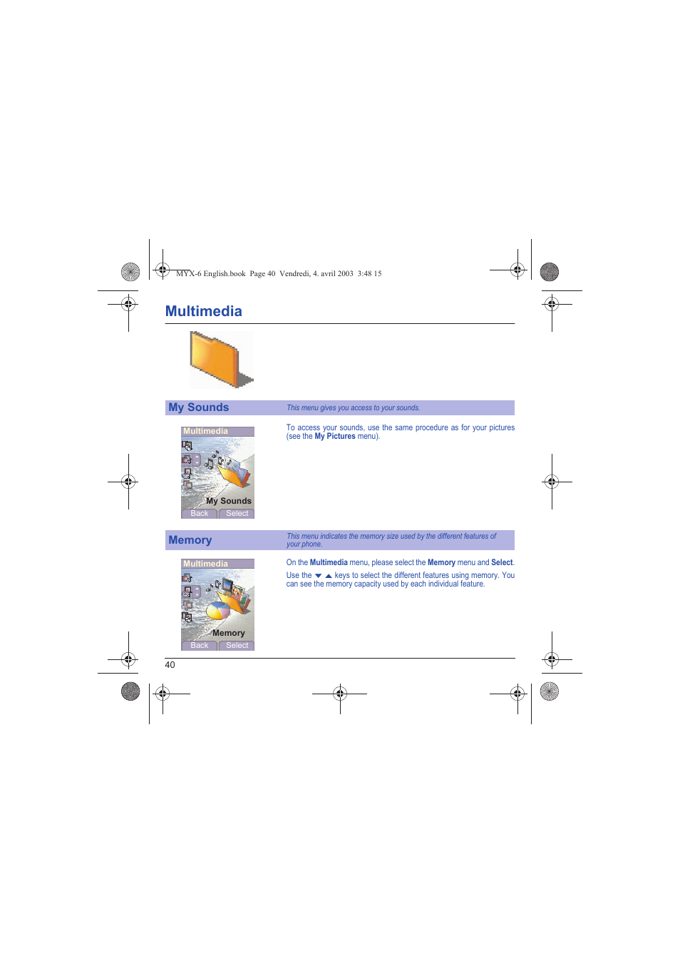 My sounds memory, Multimedia | Sagem myX-6 User Manual | Page 43 / 89