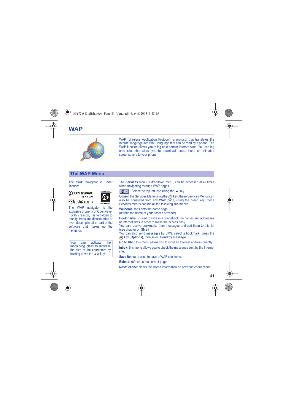 Wap the wap menu | Sagem myX-6 User Manual | Page 44 / 89