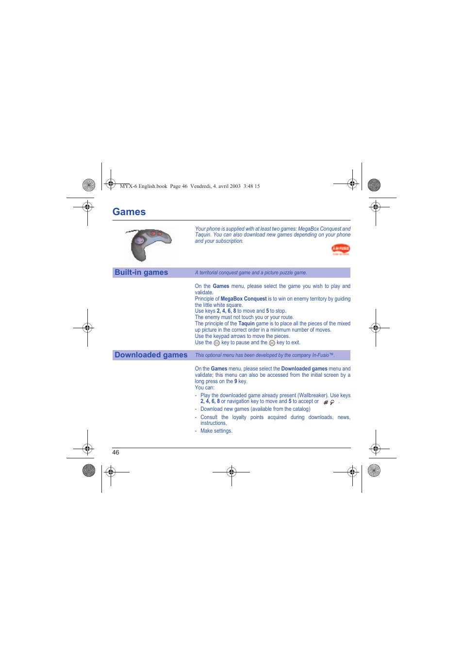 Games, Games built-in games downloaded games | Sagem myX-6 User Manual | Page 49 / 89