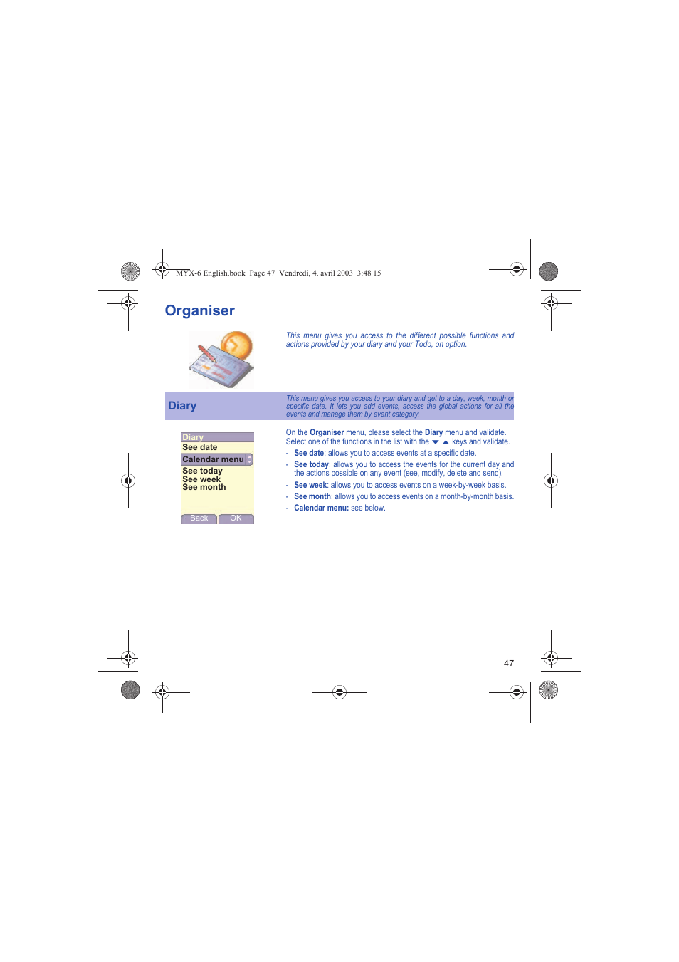 Organiser, Organi, Diary | Sagem myX-6 User Manual | Page 50 / 89