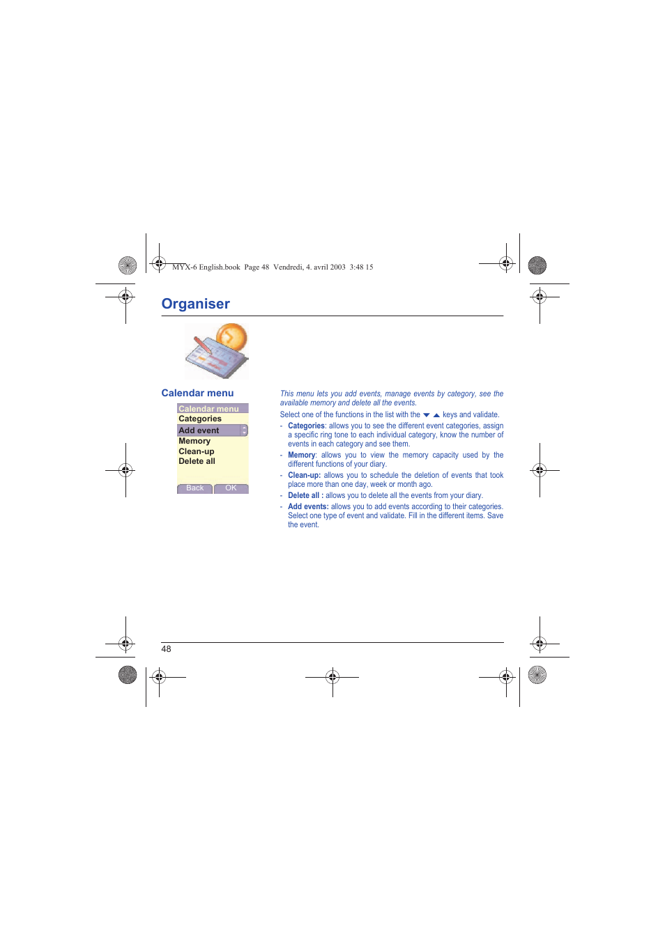 Calendar menu, Organiser | Sagem myX-6 User Manual | Page 51 / 89