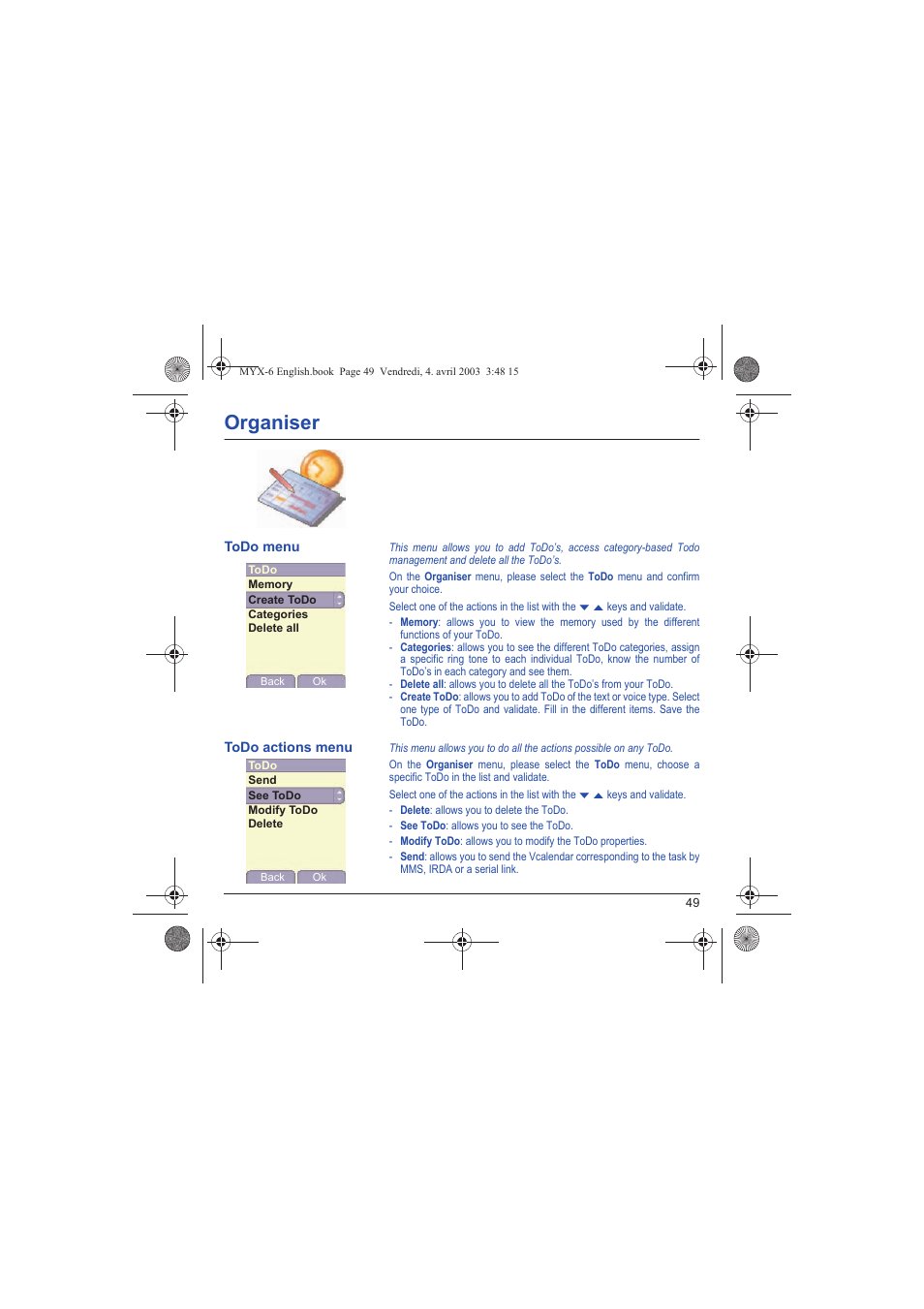 Todo menu todo actions menu, Organiser | Sagem myX-6 User Manual | Page 52 / 89