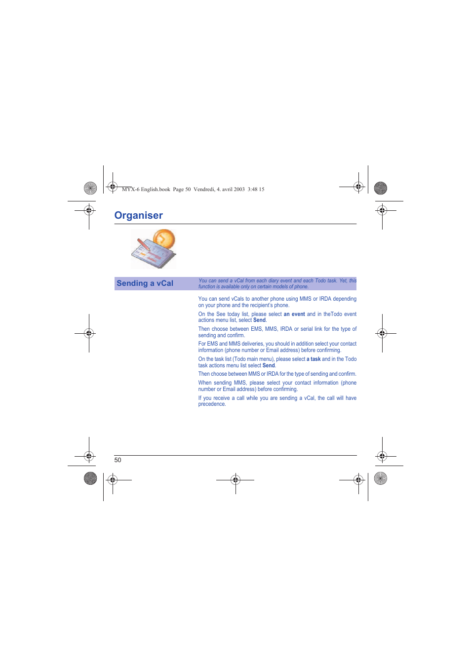 Sending a vcal, Organiser | Sagem myX-6 User Manual | Page 53 / 89