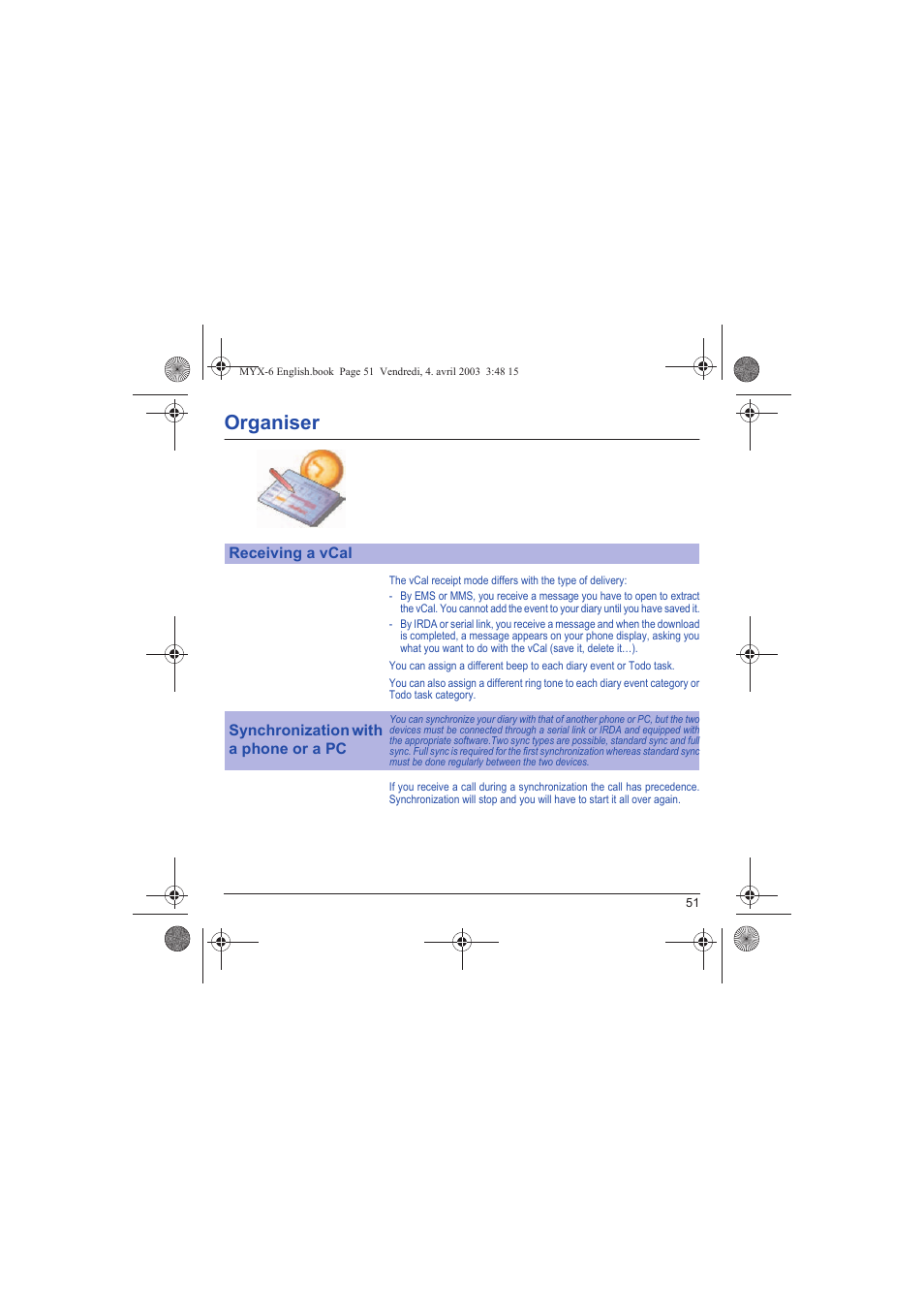 Organiser | Sagem myX-6 User Manual | Page 54 / 89