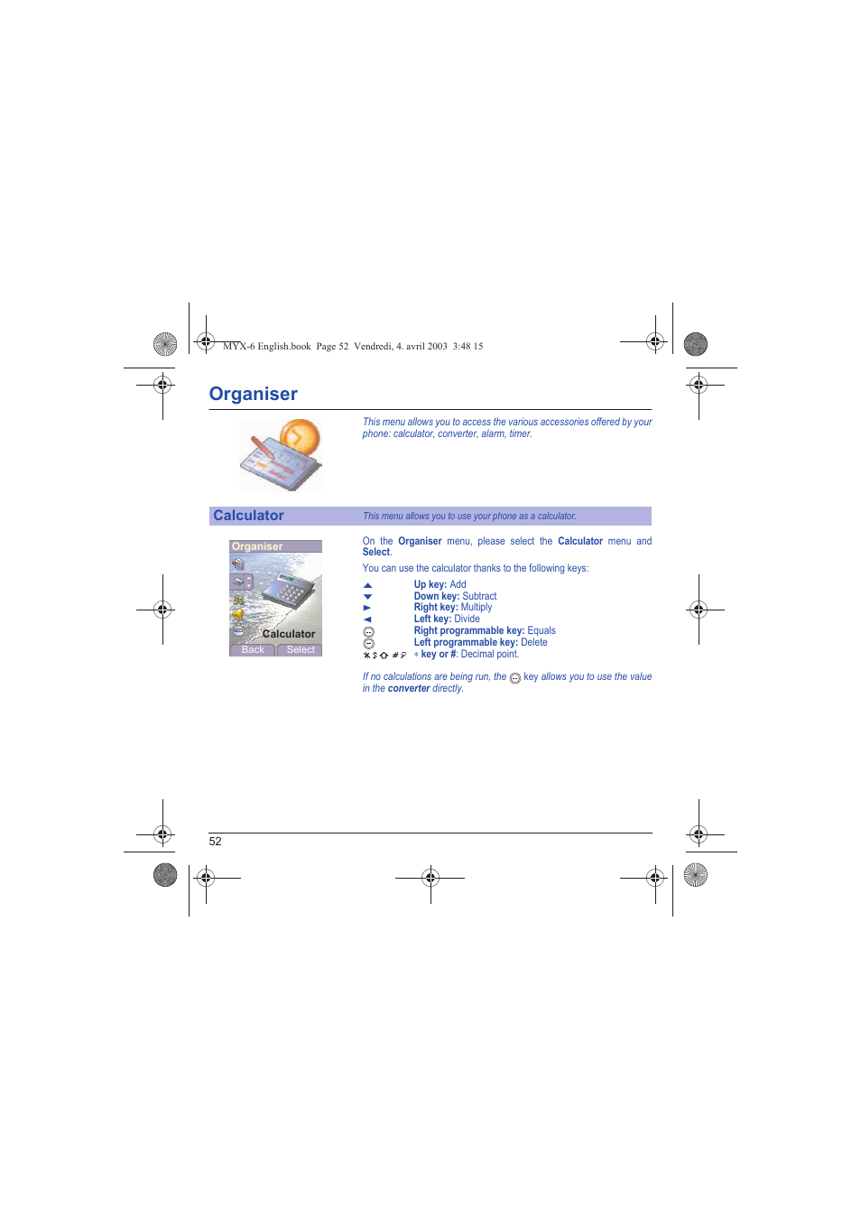 Calculator, Organiser | Sagem myX-6 User Manual | Page 55 / 89