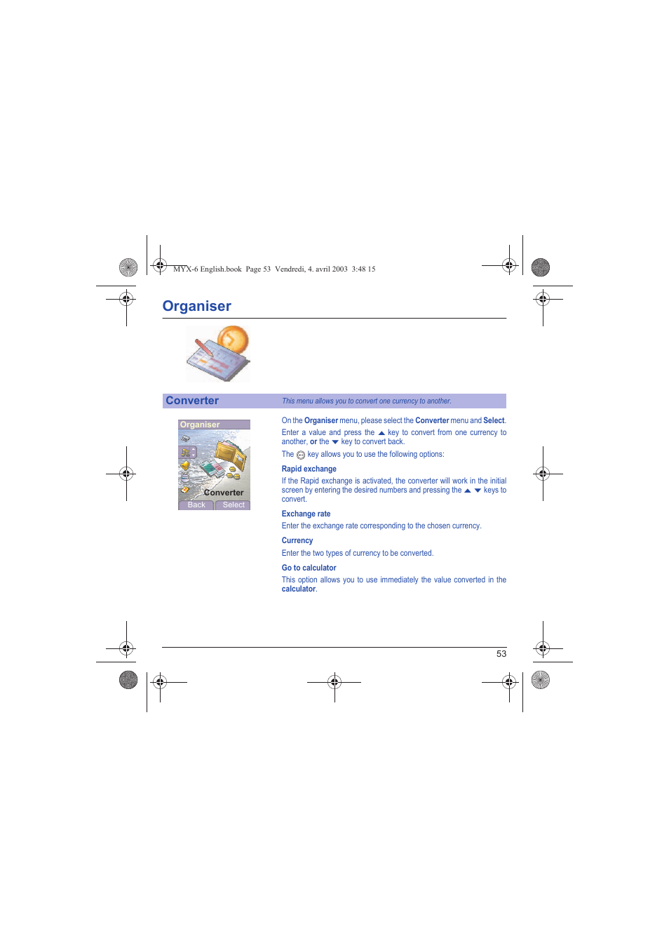 Converter, Organiser | Sagem myX-6 User Manual | Page 56 / 89